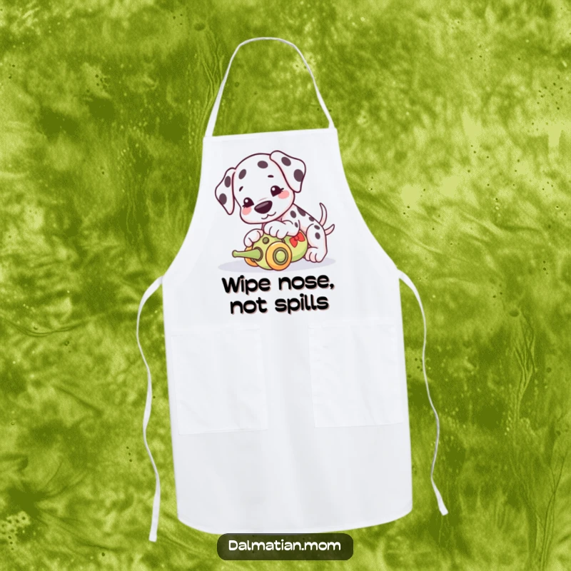 Funny Kawaii Dalmatian apron, a kitchen accessory with a cute dog playfully nudging a toy, adding humor to cooking.