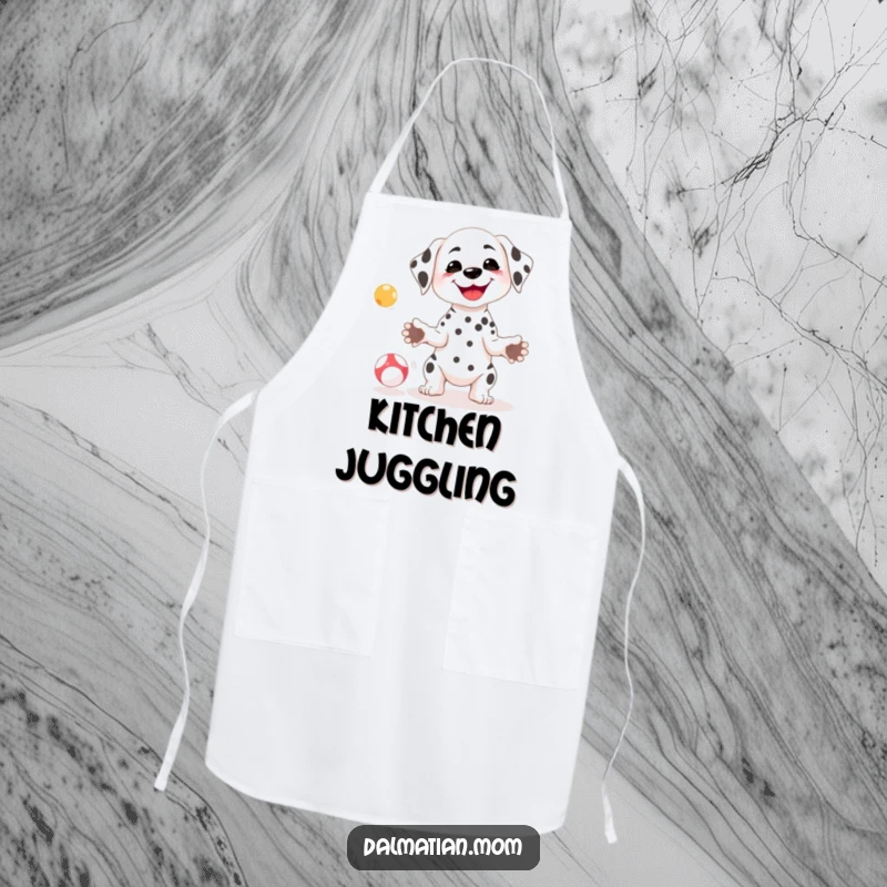 Funny Kawaii Dalmatian apron depicting a petite dog with a goofy smile juggling small balls, ideal for kitchen fun.