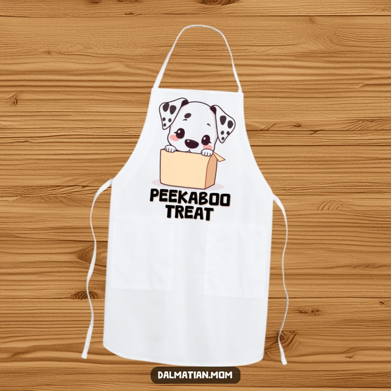 Funny Kawaii Dalmatian Peeking into a Small Box Apron, kitchen apparel, cute dog graphic, humorous cooking accessory.