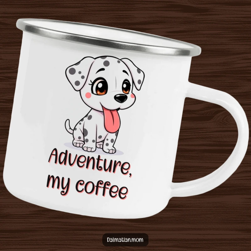 Funny Kawaii Dalmatian camping mug with a bouncy cute dog, tongue lolling, adding humor and adventure to outdoor coffee breaks.