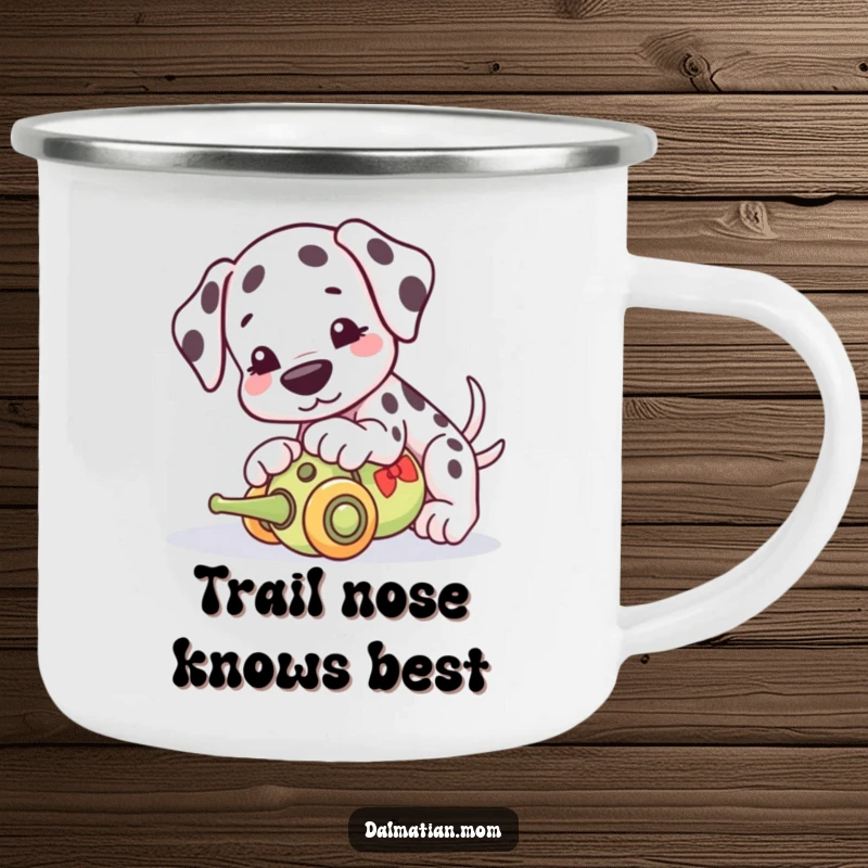 Funny Kawaii Dalmatian camping mug, an enamel cup with a cute dog playfully nudging a toy, ideal for outdoor use.
