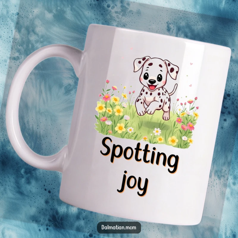 Funny Kawaii Dalmatian mug showing a happy dog bounding through flowers, with spots flying like confetti.