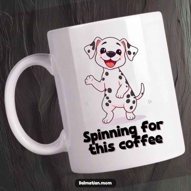 Funny Kawaii Dalmatian mug showing a cute dog doing a silly spin with its tail wagging furiously, embodying pure joy and playful energy.