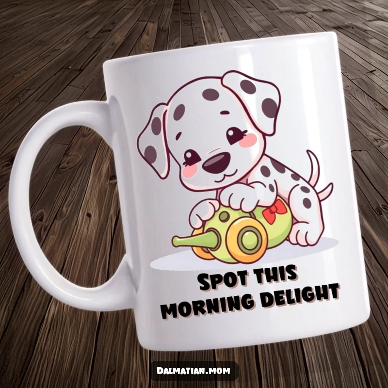 Funny Kawaii Dalmatian mug, a cute dog playfully nudging a rolling toy with its nose, full of joy and mischief.