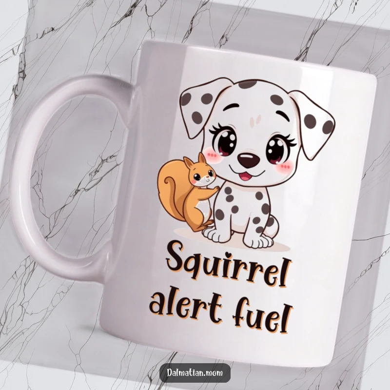 Funny Kawaii Dalmatian mug showing a cute dog with wide, excited eyes spotting a squirrel, embodying pure thrill and playful energy.