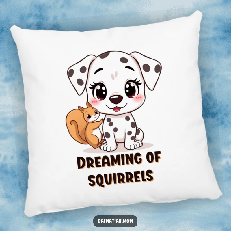 Funny Kawaii Dalmatian pillow with a cute dog's wide, excited eyes spotting a squirrel, offering cozy comfort and a touch of playful energy.