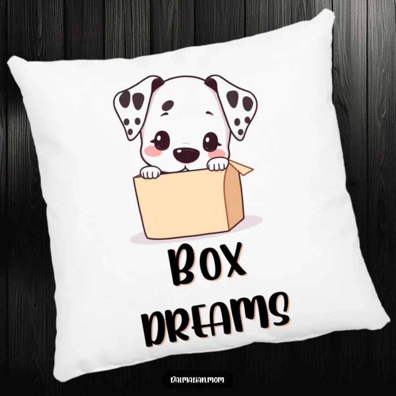 Funny Kawaii Dalmatian Peeking into a Small Box Pillow, decorative cushion, cute dog art, humorous home decor item.