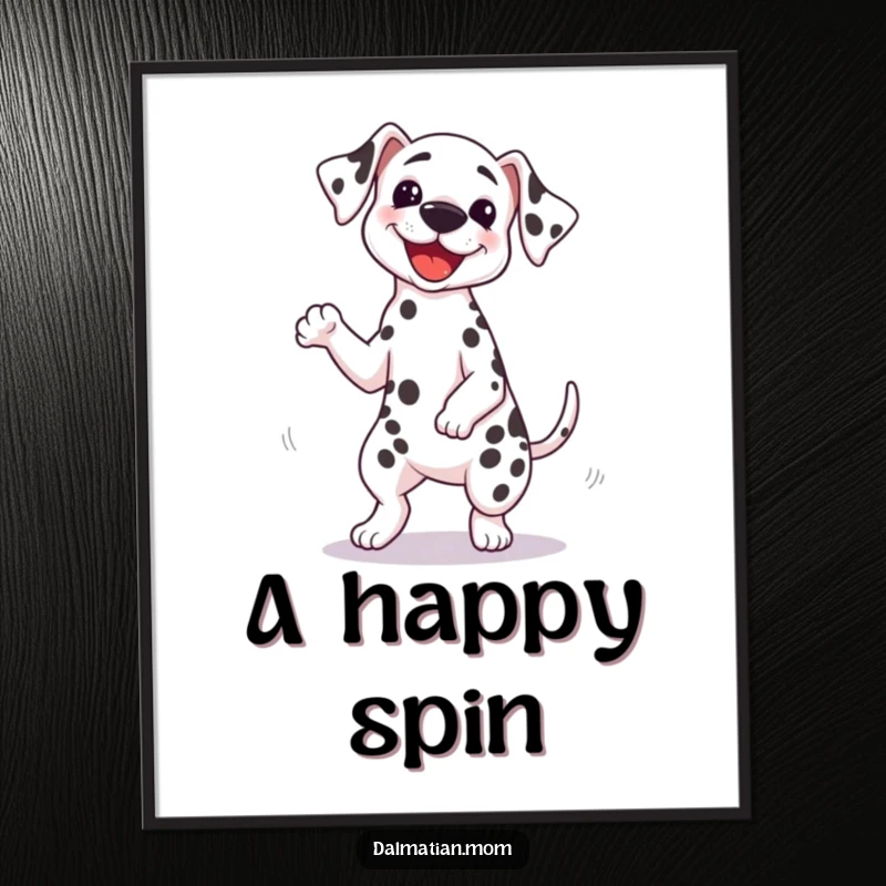 Funny Kawaii Dalmatian digital art print of a cute dog doing a silly spin with its tail wagging furiously, ready for instant download.