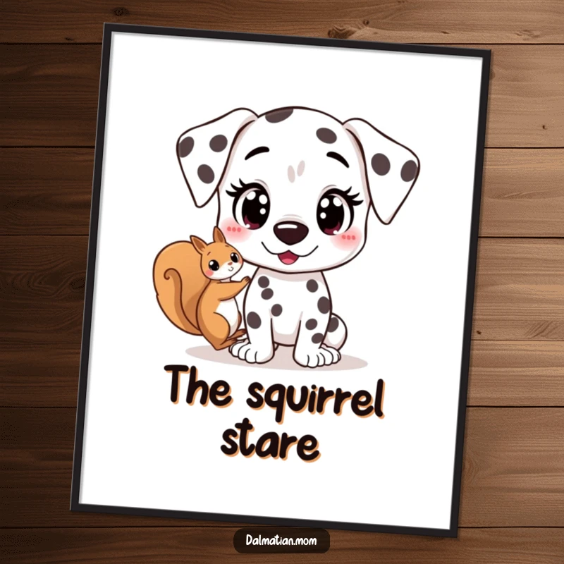 Funny Kawaii Dalmatian digital art print of a cute dog with wide, excited eyes spotting a squirrel, ready for instant download and display.
