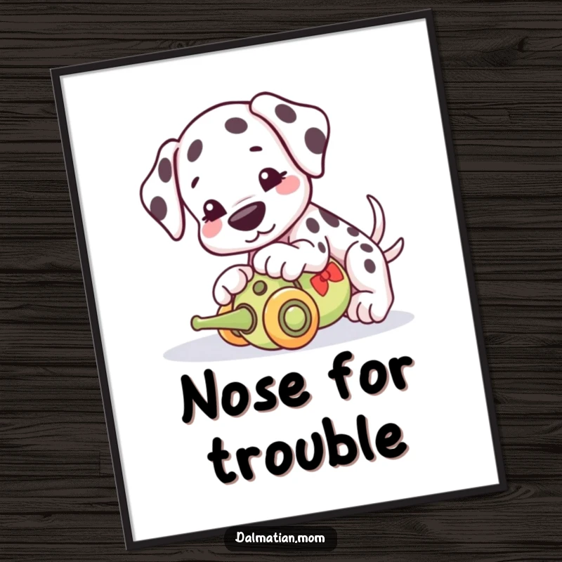 Funny Kawaii Dalmatian digital art print, a printable artwork of a cute dog playfully nudging a toy, full of fun.