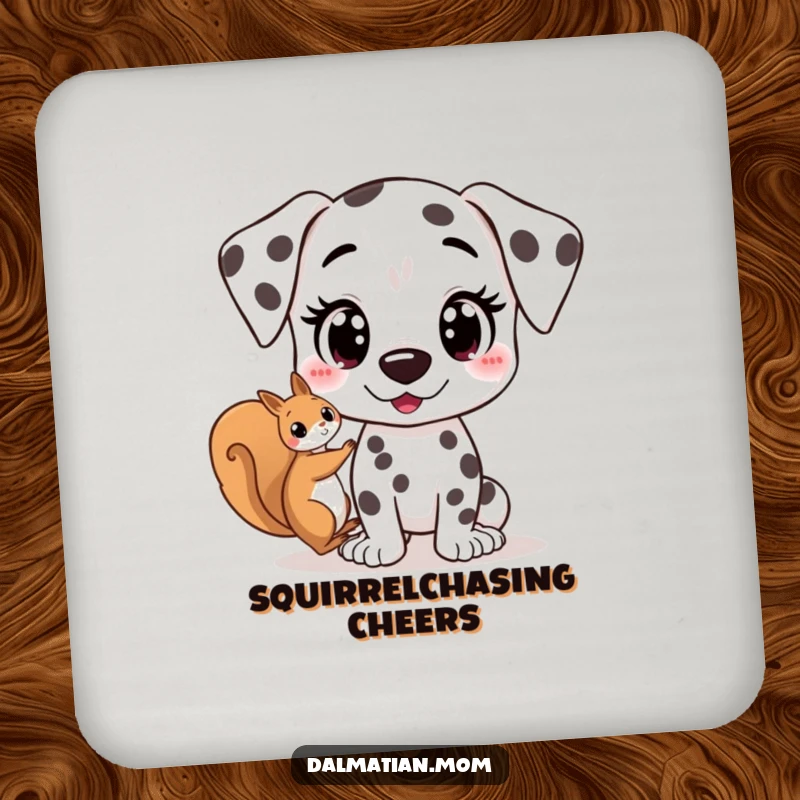 Funny Kawaii Dalmatian coaster featuring a cute dog with wide, excited eyes spotting a squirrel, perfect for protecting surfaces with playful charm.
