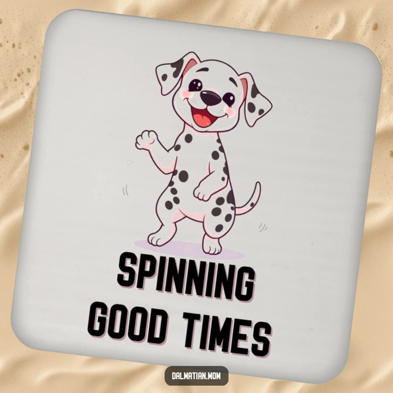 Funny Kawaii Dalmatian coaster featuring a cute dog doing a silly spin with its tail wagging furiously, perfect for protecting surfaces.