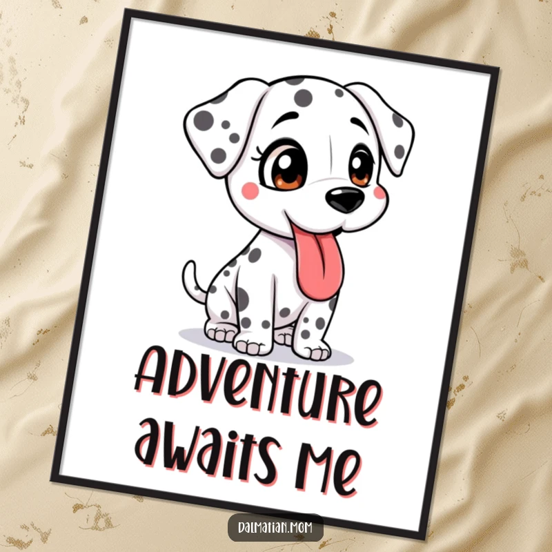 Funny Kawaii Dalmatian poster showing a bouncy cute dog with its tongue lolling, perfect for adding energetic and adventurous charm to wall decor.