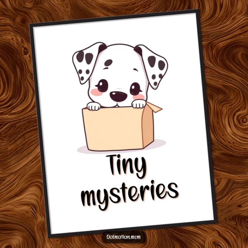 Funny Kawaii Dalmatian Peeking into a Small Box Poster, cute wall art, playful puppy graphic, humorous dog illustration.