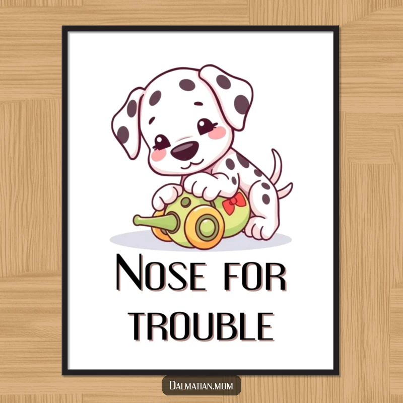 Funny Kawaii Dalmatian poster, wall art of a cute dog playfully nudging a rolling toy with its nose, bringing smiles.