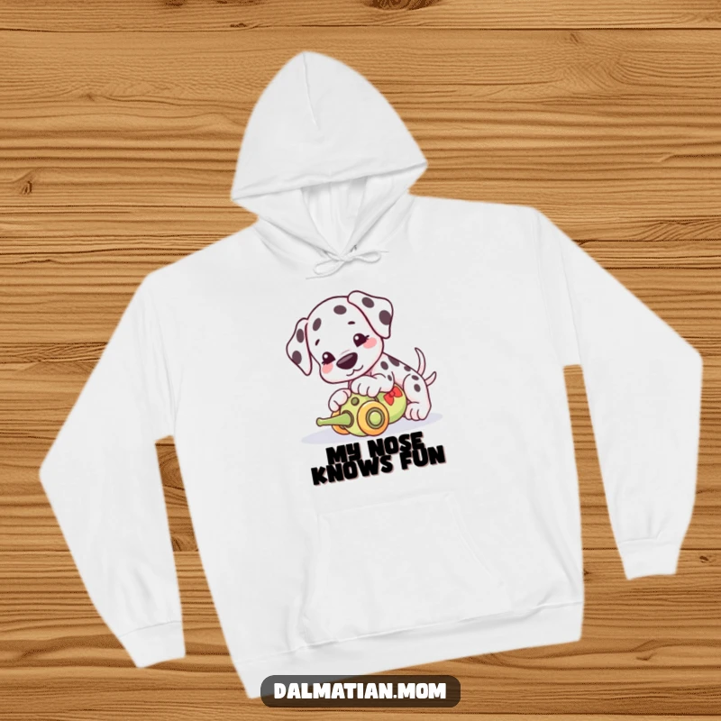 Funny Kawaii Dalmatian hoodie, a cozy sweatshirt with a cute dog playfully nudging a toy, exuding warmth and humor.
