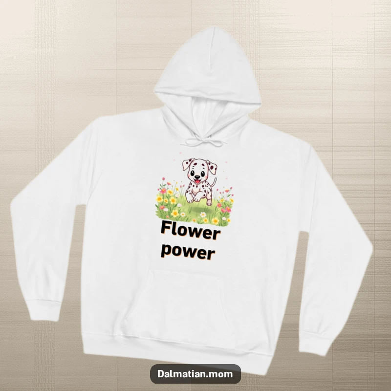 Funny Kawaii Dalmatian hoodie featuring a cute dog bounding through flowers, offering warmth and whimsical fun.