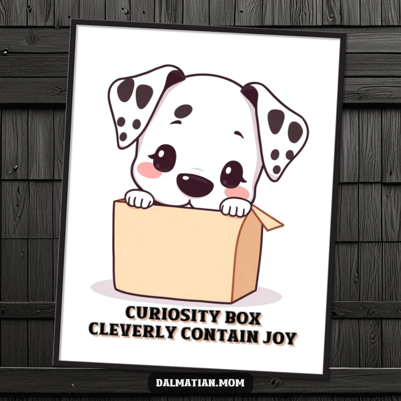 Funny Free Printable Wall Art: Kawaii dalmatian with big eyes, curiously peering into a small, mysterious box, a playful vibe.