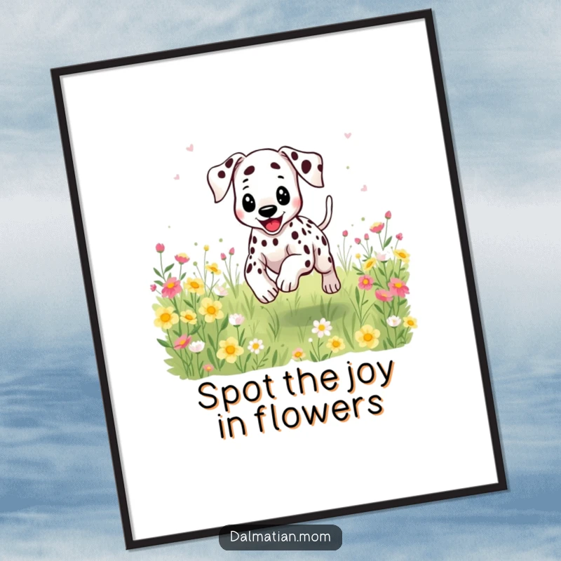 Funny Free Printable Dalmatian Wall Art: A kawaii dalmatian happily bounding through a field of flowers, spots flying dynamically.