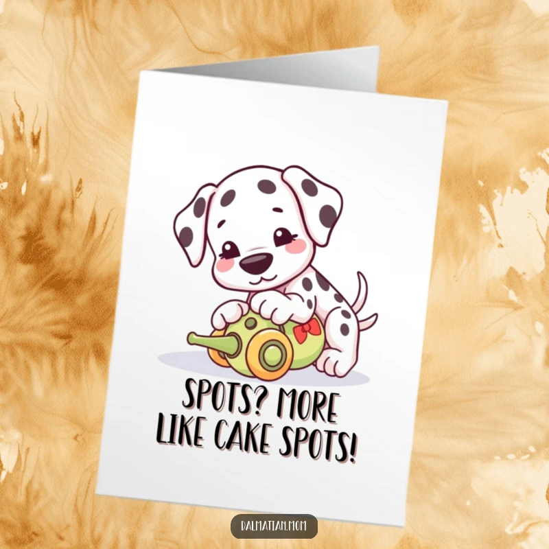 Funny Free Printable Dalmatian Birthday Card: Kawaii dog playfully booping a toy, perfect for a hilarious DIY gift.