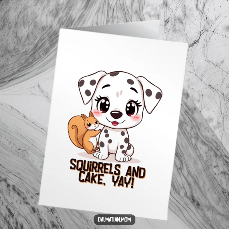 Funny Free Printable Birthday Card: Kawaii Dalmatian spots a squirrel, eyes wide with excited anticipation.
