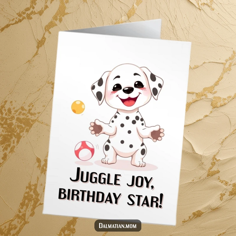 Funny Free Printable Dalmatian Birthday Card: A petite kawaii dalmatian with a goofy smile attempts to juggle small balls, full of birthday cheer.