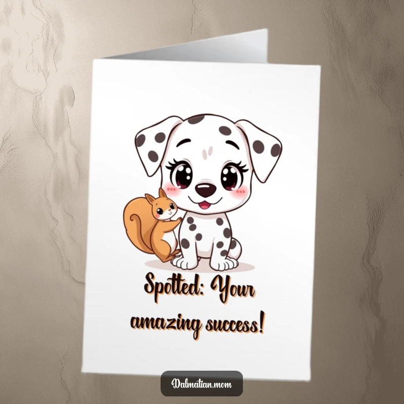 Funny Free Printable Congratulations Card: Kawaii Dalmatian intensely focused on spotting a squirrel with wide eyes.