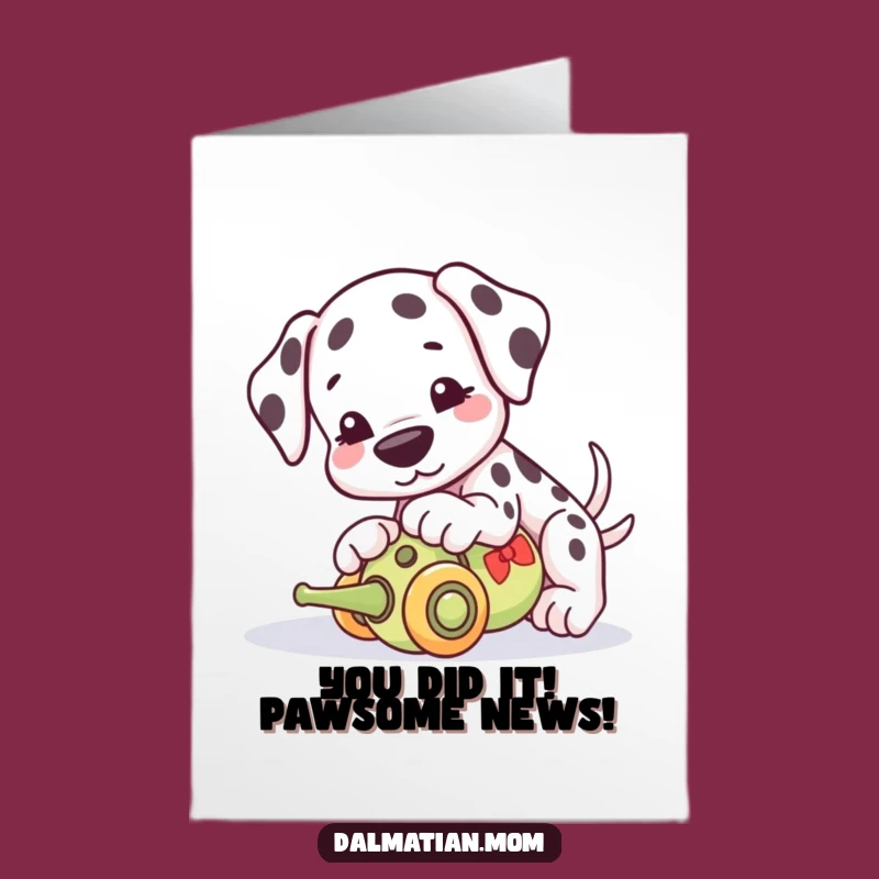 Free Printable Kawaii Dalmatian Congrats Card: Joyful Pup Toy Nudge Download