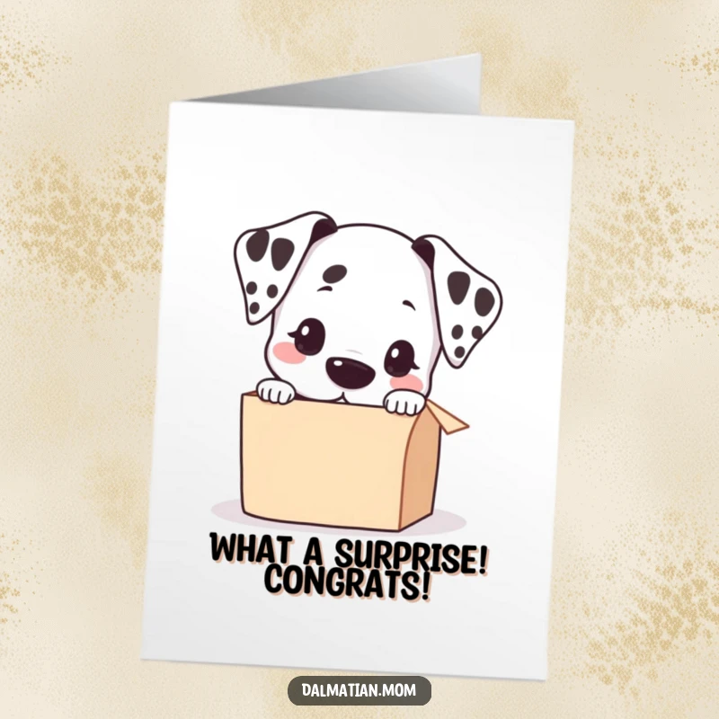 Free Printable Congratulations Card: Cute Kawaii dalmatian with head tilted, nose near a slightly open box, expressing curiosity.