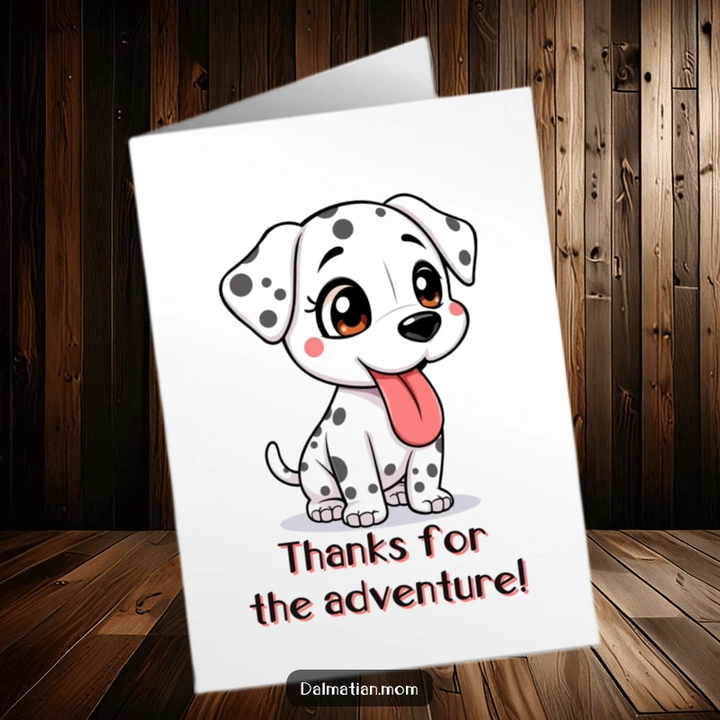 Funny Free Printable Thank You Card: A bouncy Kawaii Dalmatian with tongue lolling, expressing thanks.