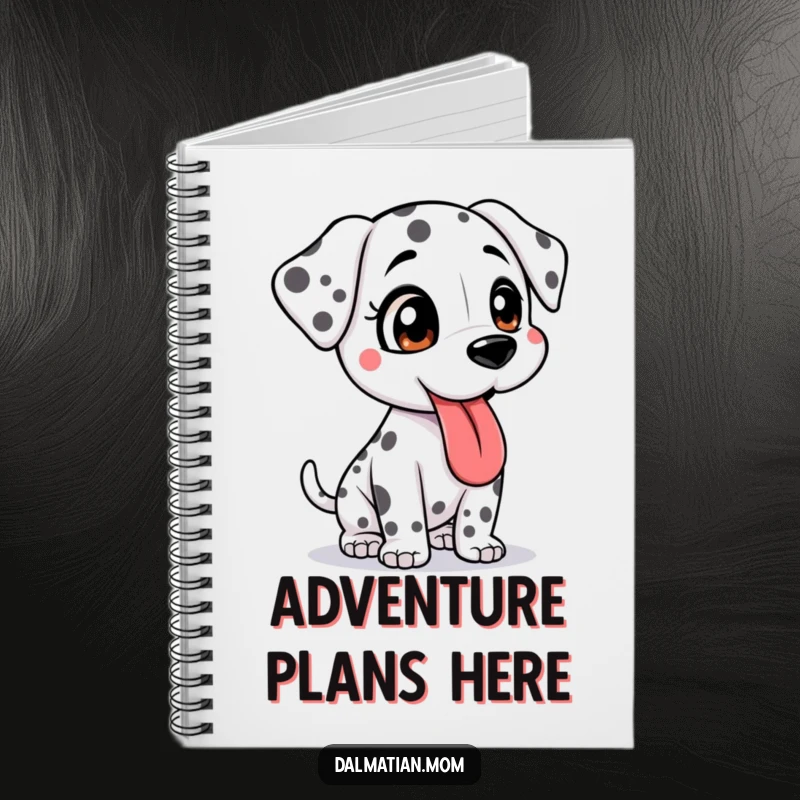 Funny Kawaii Dalmatian notebook showing a bouncy cute dog, tongue lolling, ideal for note-taking with a sense of adventure.