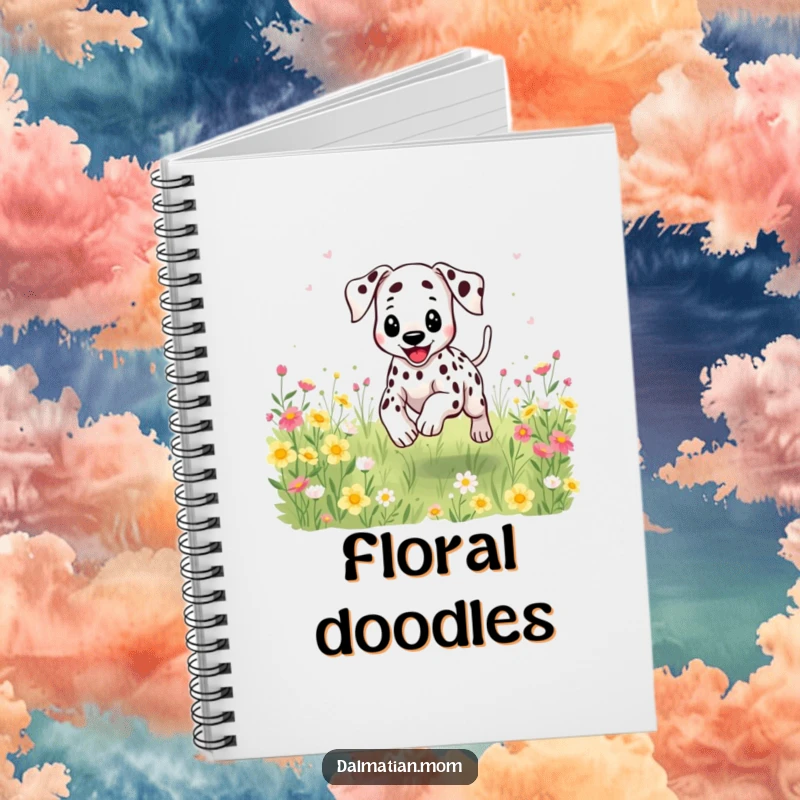 Funny Kawaii Dalmatian notebook cover showing a happy dog bounding through flowers, perfect for jotting notes.