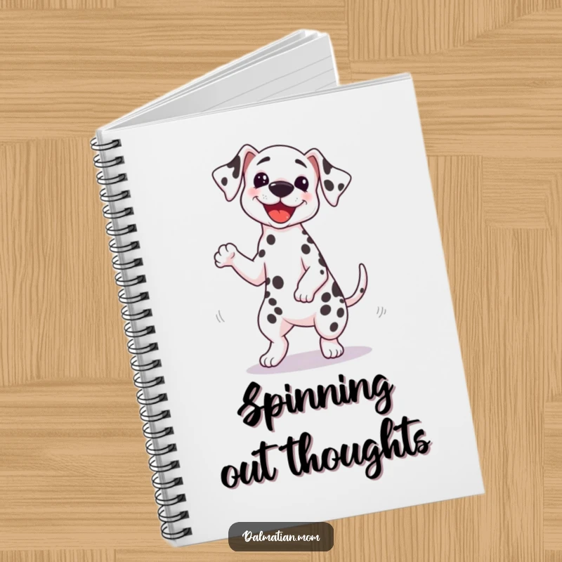 Funny Kawaii Dalmatian notebook showing a cute dog doing a silly spin with its tail wagging furiously, perfect for note-taking with flair.