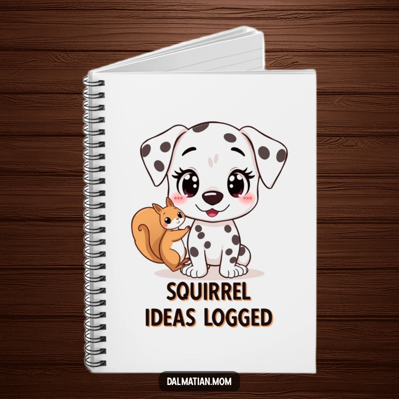 Funny Kawaii Dalmatian notebook showing a cute dog with wide, excited eyes spotting a squirrel, ideal for note-taking with a sense of playful energy.