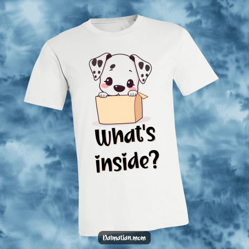 Funny Kawaii Dalmatian Peeking into a Small Box T-Shirt, cute dog shirt, playful puppy graphic, hilarious dog lover apparel.