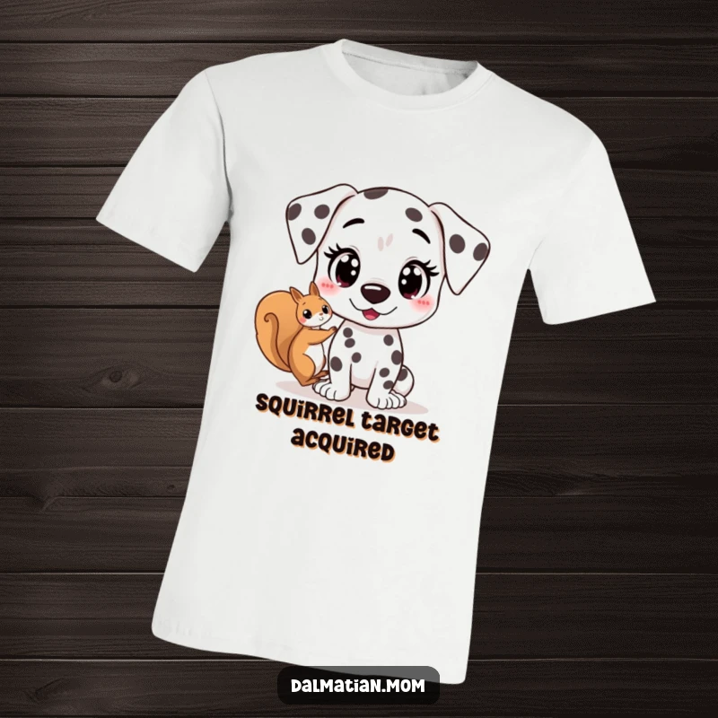 Funny Kawaii Dalmatian t-shirt depicting a cute dog with wide, excited eyes focused on spotting a squirrel, perfect for energetic personalities.