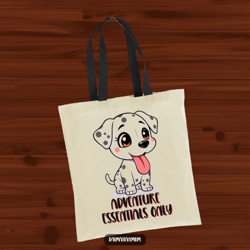 Funny Kawaii Dalmatian tote bag with a bouncy cute dog, tongue lolling, embodying readiness for adventure, great for travelers.