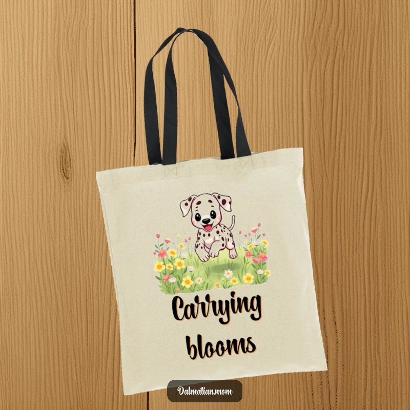 Funny Kawaii Dalmatian tote bag illustrating a happy dog bounding through flowers, perfect for carrying daily essentials.