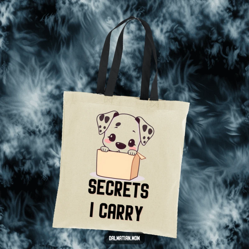 Funny Kawaii Dalmatian Peeking into a Small Box Tote Bag, reusable shopping bag, cute dog design, gift for pet owners.